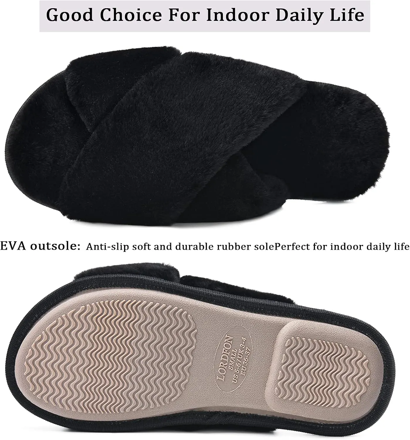 LORDFON Women's Memory Foam Cross Band House Slippers,Soft Furry Cozy Slip On Open Toe Indoor Home Slippers for Women,Comfy Fluffy Fuzzy Women's Bedroom Scuff Slippers Non-Slip