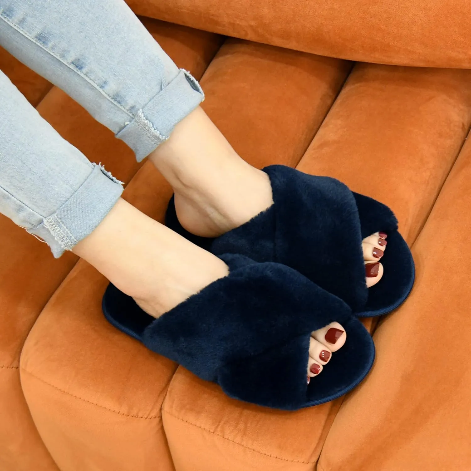 LORDFON Women's Memory Foam Cross Band House Slippers,Soft Furry Cozy Slip On Open Toe Indoor Home Slippers for Women,Comfy Fluffy Fuzzy Women's Bedroom Scuff Slippers Non-Slip