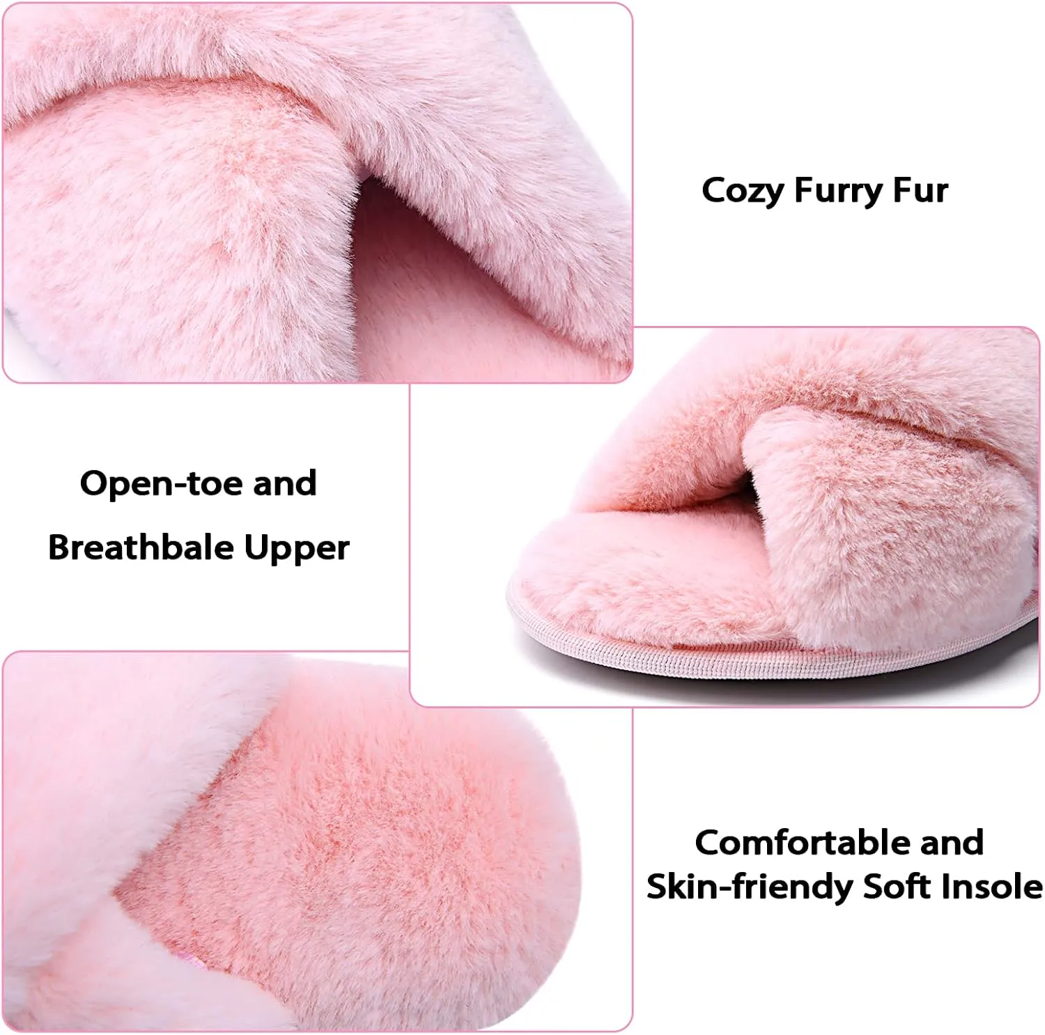 LORDFON Women's Memory Foam Cross Band House Slippers,Soft Furry Cozy Slip On Open Toe Indoor Home Slippers for Women,Comfy Fluffy Fuzzy Women's Bedroom Scuff Slippers Non-Slip