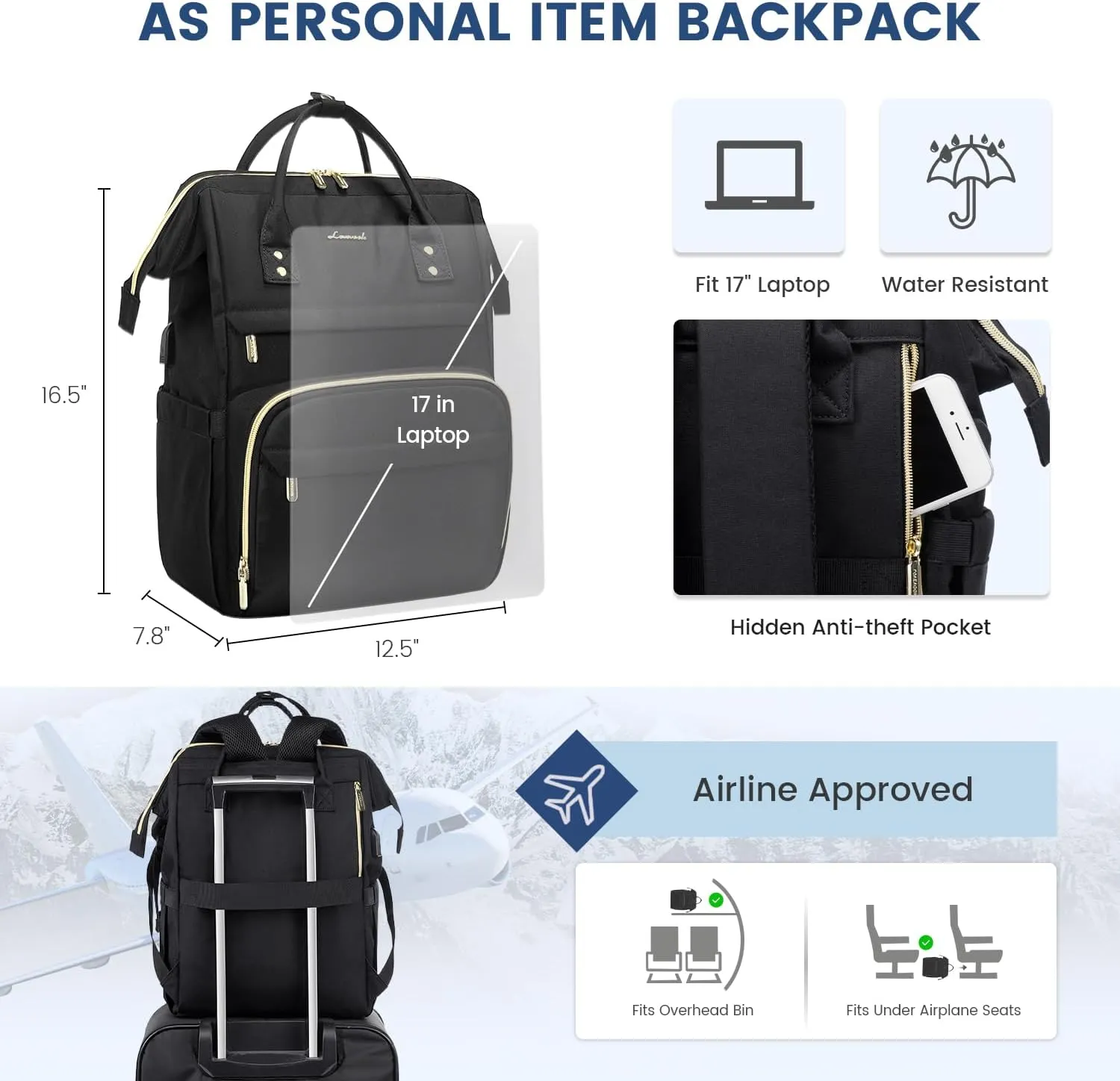 LOVEVOOK 17 inch Laptop Backpack Women, Large Travel Computer Back Pack with USB Charging Port, Anti Theft Backpack for Women Teacher Nurse Work, College Business, Black