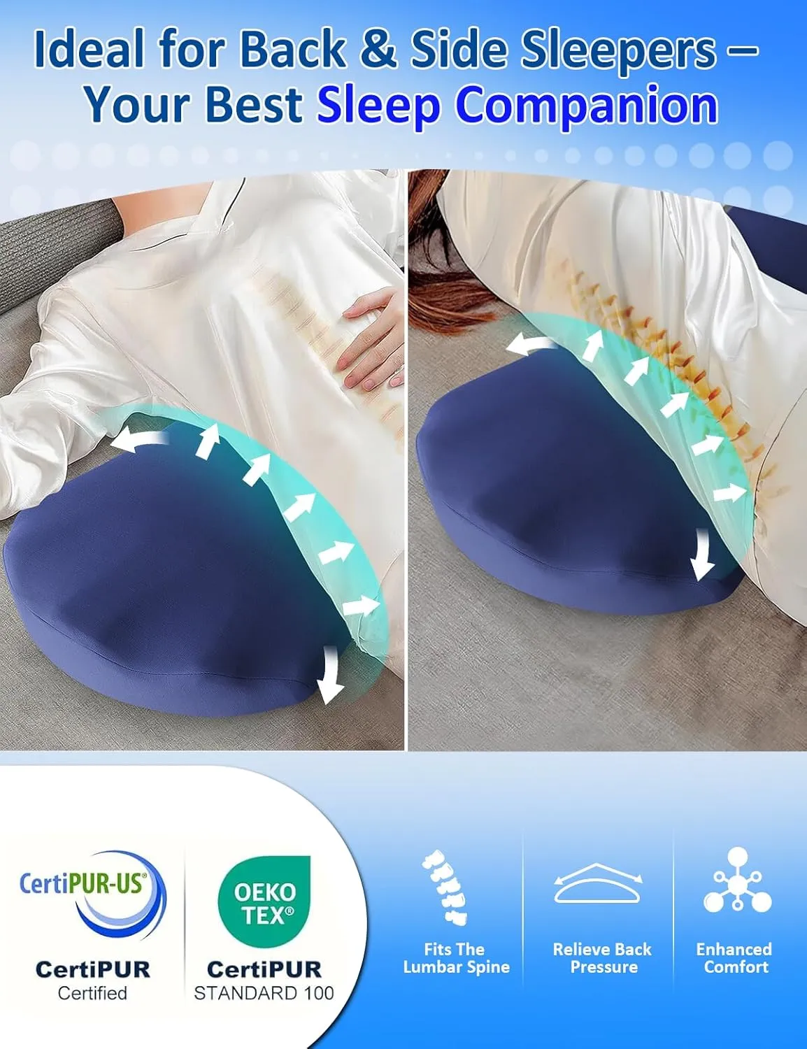 Lower Back Pain Relief Pillow for Sleeping Memory Foam Lumbar Support Pillow for Side Back Sleepers - Ergonomic Cooling Waist Pillow - Back Pain Relief Wedge Cushion Bolster Pillow for Bed, Car, Sofa