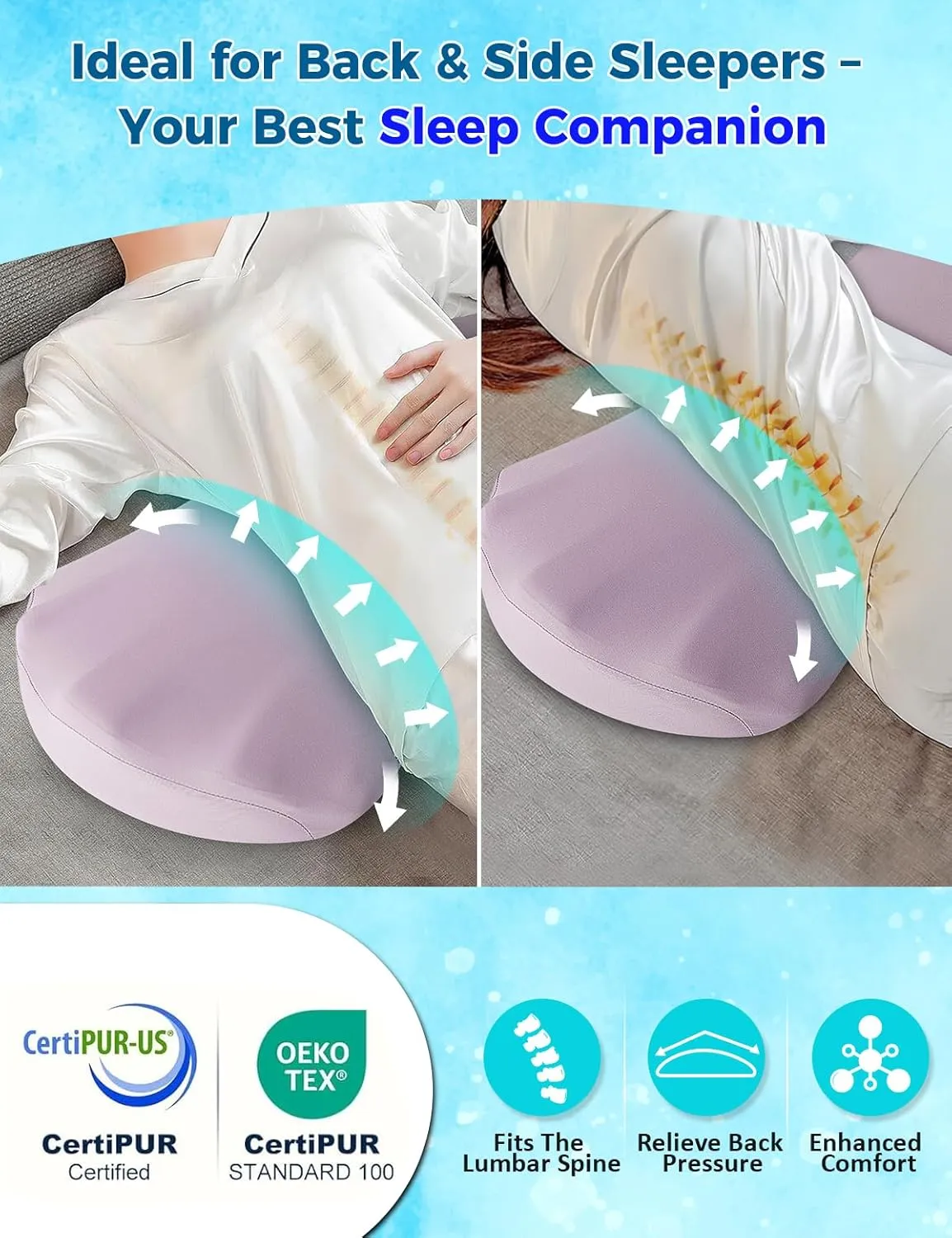 Lower Back Pain Relief Pillow for Sleeping Memory Foam Lumbar Support Pillow for Side Back Sleepers - Ergonomic Cooling Waist Pillow - Back Pain Relief Wedge Cushion Bolster Pillow for Bed, Car, Sofa