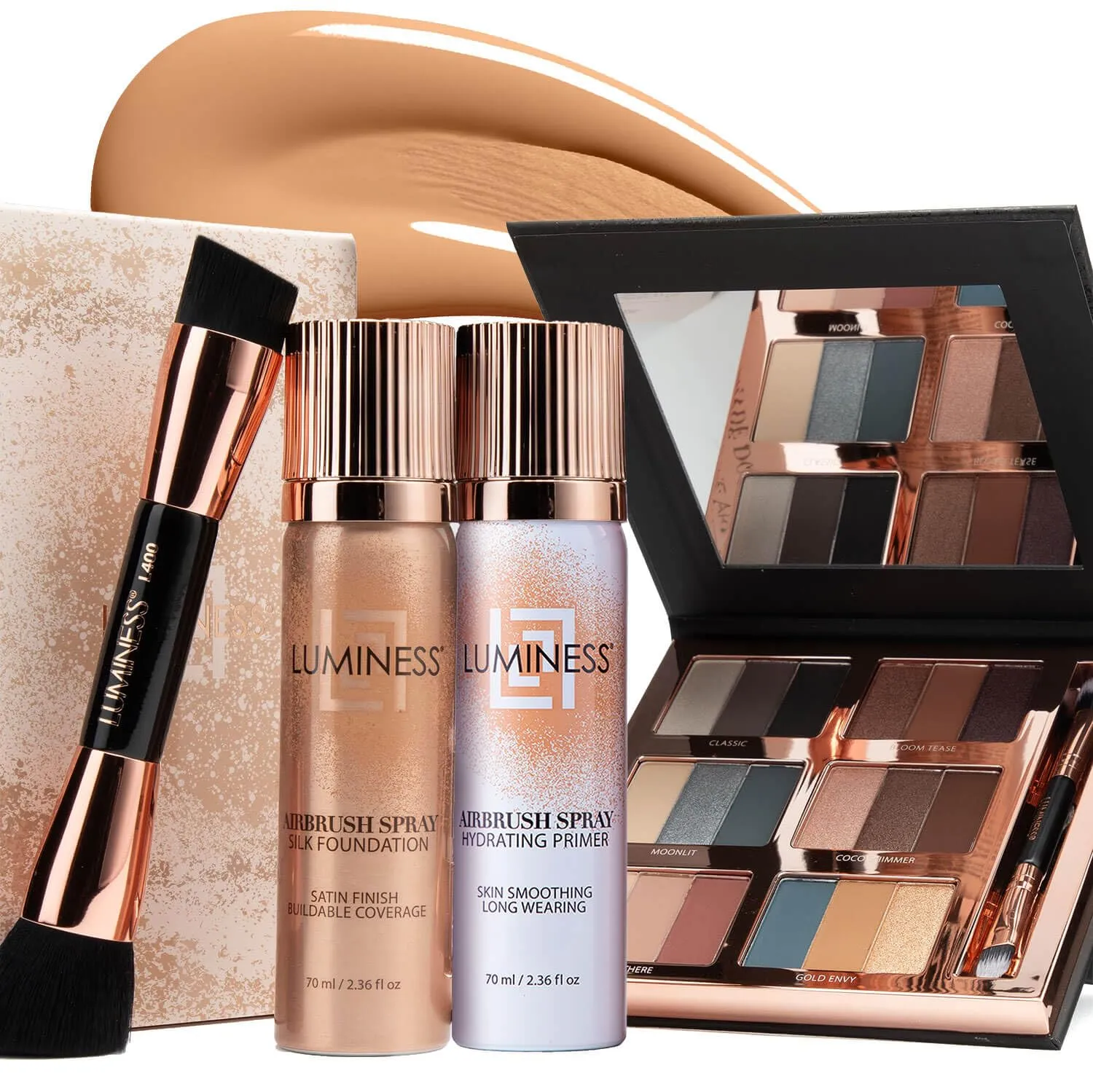 LUMINESS Airbrush Flawless 4-PC Makeup Kit - Includes Eyeshadow Palette, Airbrush Foundation, Primer & Makeup Brushes - Long-Lasting, Silky, Easy to Blend Make Up Set, Travel Size (06 - Light Warm)