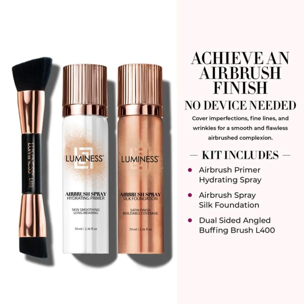 LUMINESS Airbrush Flawless 4-PC Makeup Kit - Includes Eyeshadow Palette, Airbrush Foundation, Primer & Makeup Brushes - Long-Lasting, Silky, Easy to Blend Make Up Set, Travel Size (06 - Light Warm)