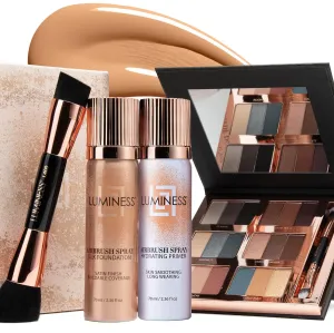 LUMINESS Airbrush Flawless 4-PC Makeup Kit - Includes Eyeshadow Palette, Airbrush Foundation, Primer & Makeup Brushes - Long-Lasting, Silky, Easy to Blend Make Up Set, Travel Size (06 - Light Warm)
