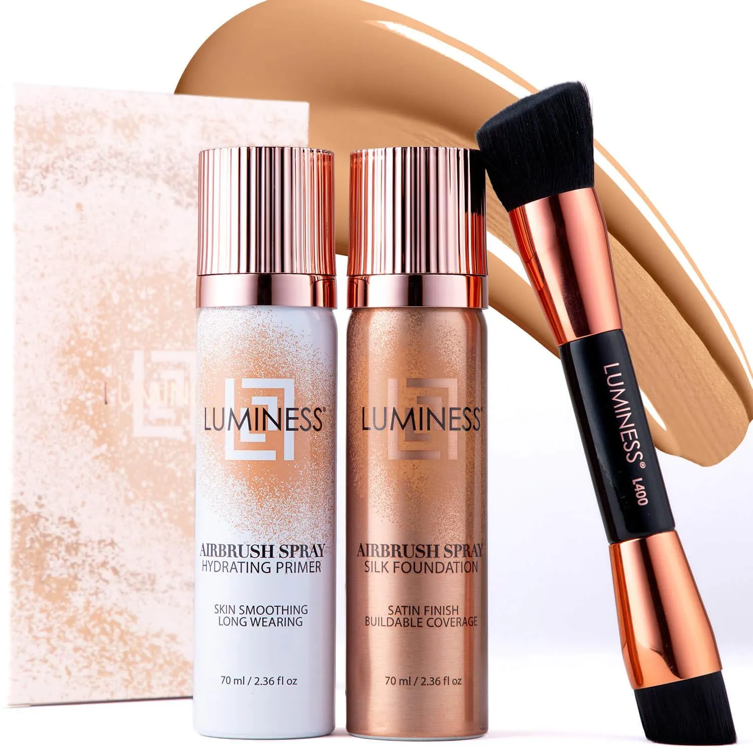 LUMINESS Airbrush Flawless 4-PC Makeup Kit - Includes Eyeshadow Palette, Airbrush Foundation, Primer & Makeup Brushes - Long-Lasting, Silky, Easy to Blend Make Up Set, Travel Size (06 - Light Warm)