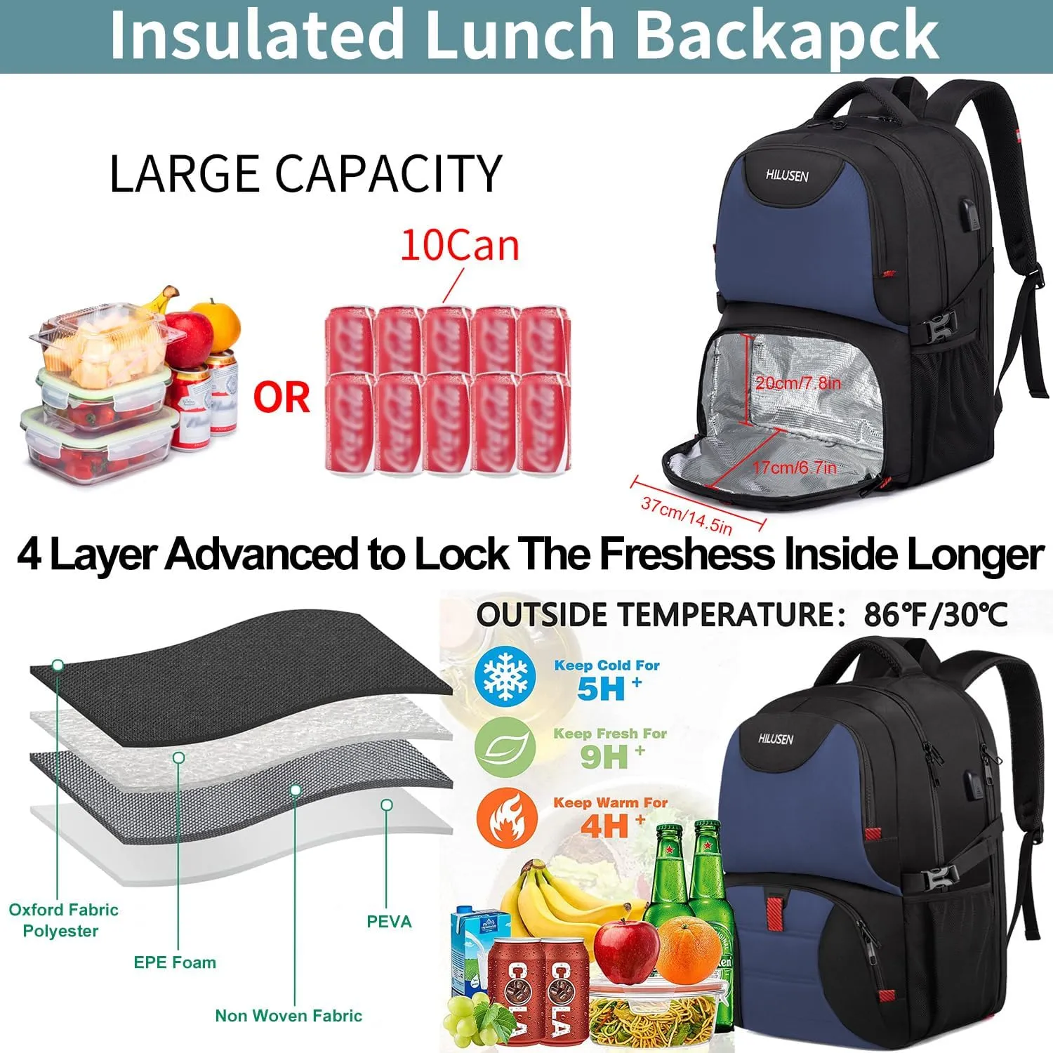 Lunch Backpack for Men, Insulated Cooler Lunch Box Backpack, Extra Large 50L Travel Laptop Backpack for Work with USB Charging Port, Water Resistant 17inch Computer Bag Big, Blue