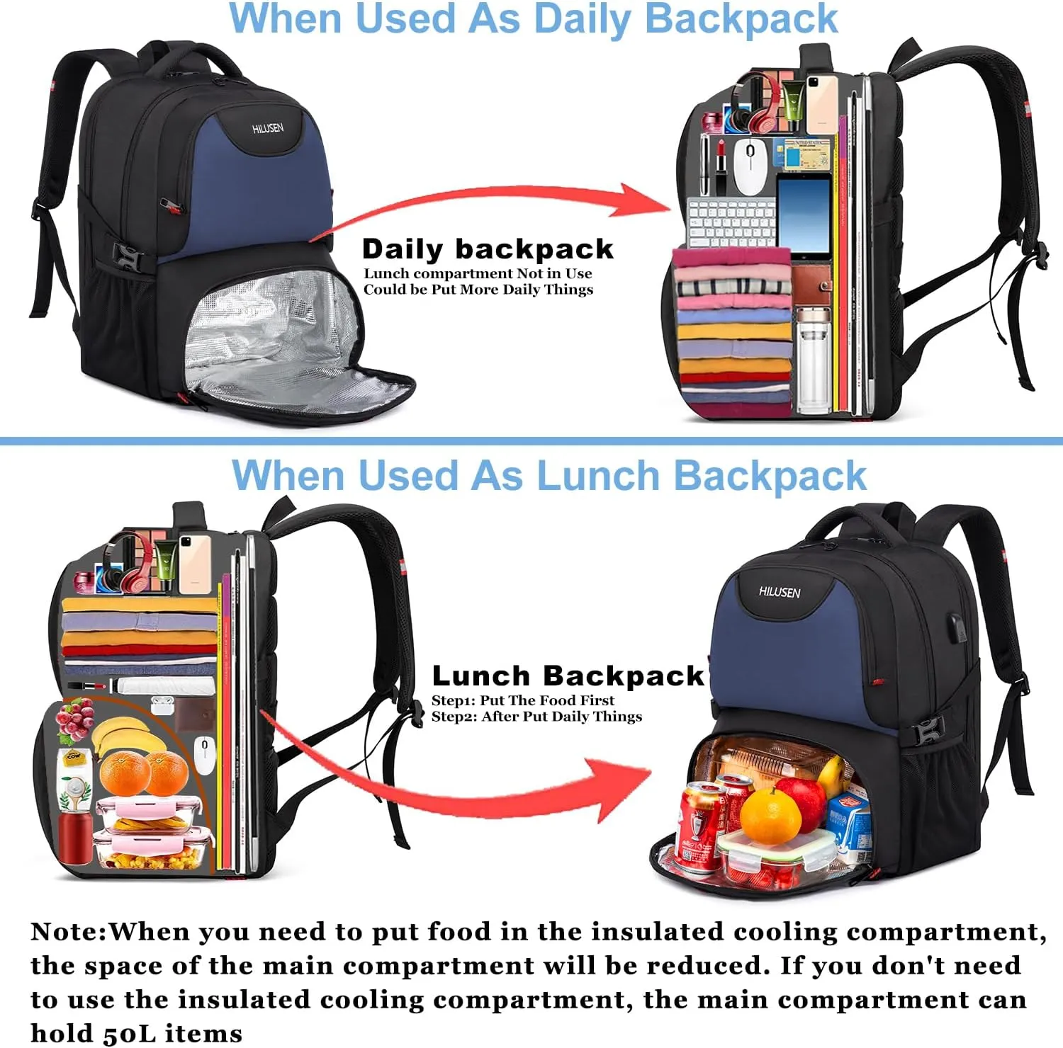 Lunch Backpack for Men, Insulated Cooler Lunch Box Backpack, Extra Large 50L Travel Laptop Backpack for Work with USB Charging Port, Water Resistant 17inch Computer Bag Big, Blue