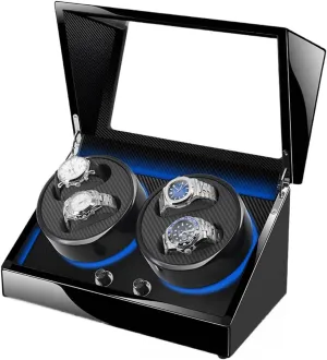 Luxury Mechanical Watch Winder for 4 Automatic Watches Wooden Shell Built-in LED Illuminated Storage Display Box