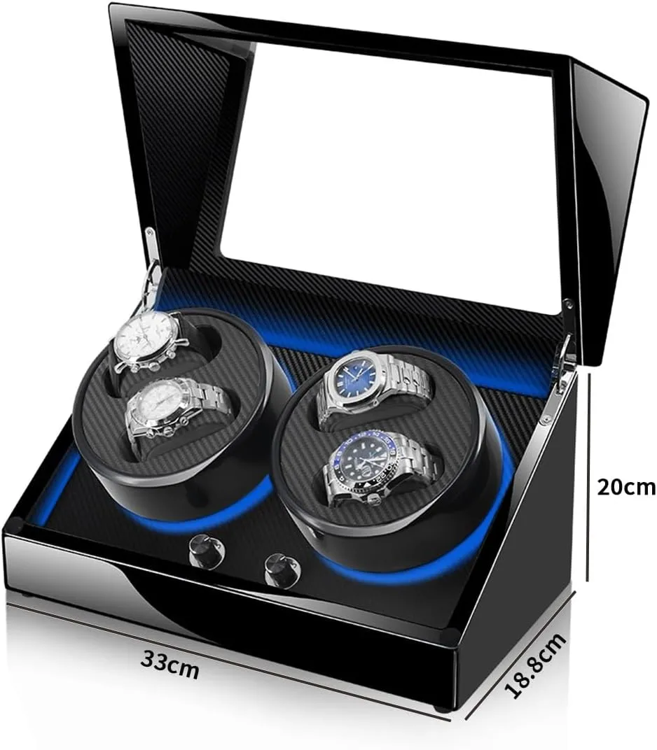 Luxury Mechanical Watch Winder for 4 Automatic Watches Wooden Shell Built-in LED Illuminated Storage Display Box
