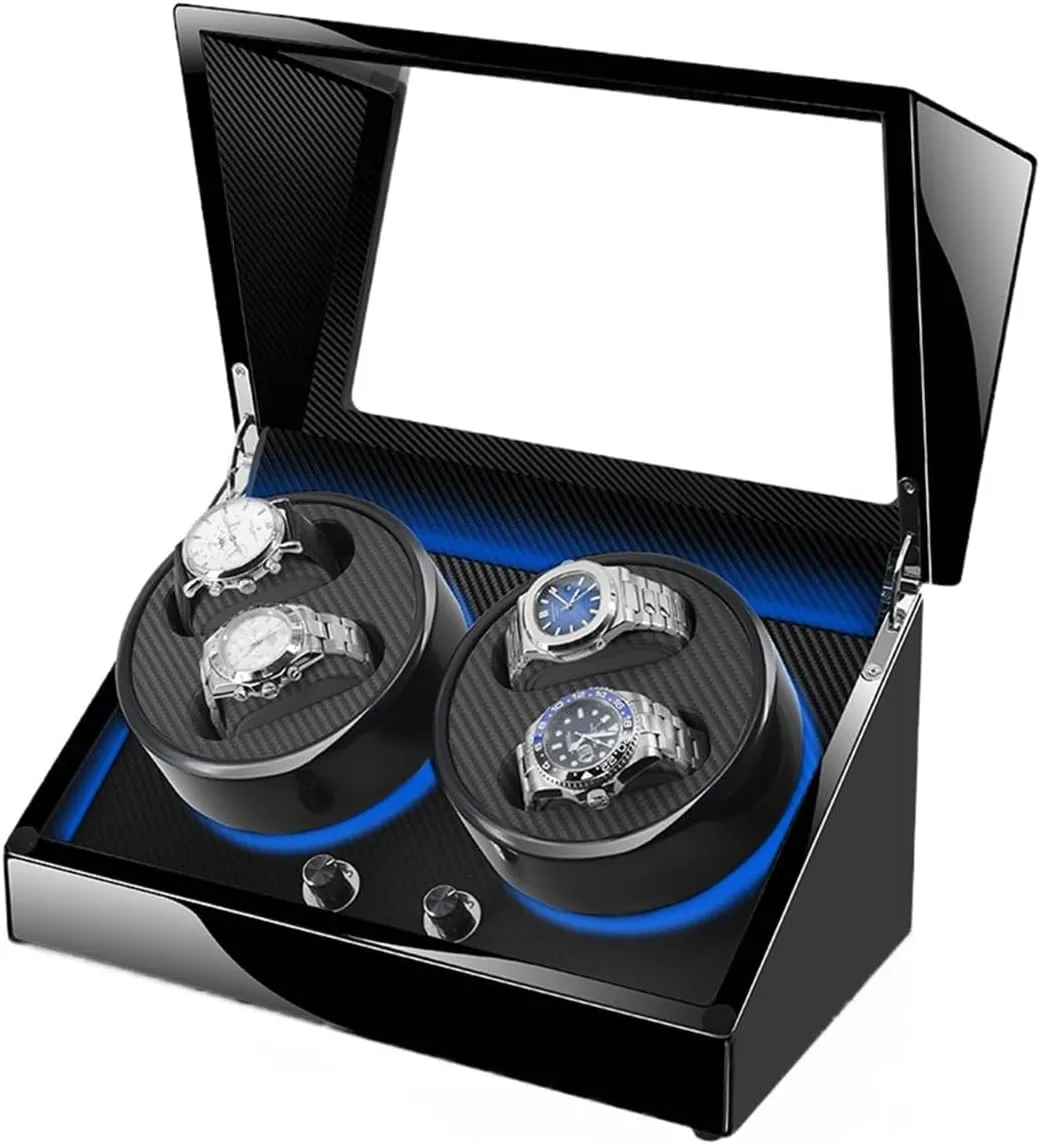 Luxury Mechanical Watch Winder for 4 Automatic Watches Wooden Shell Built-in LED Illuminated Storage Display Box