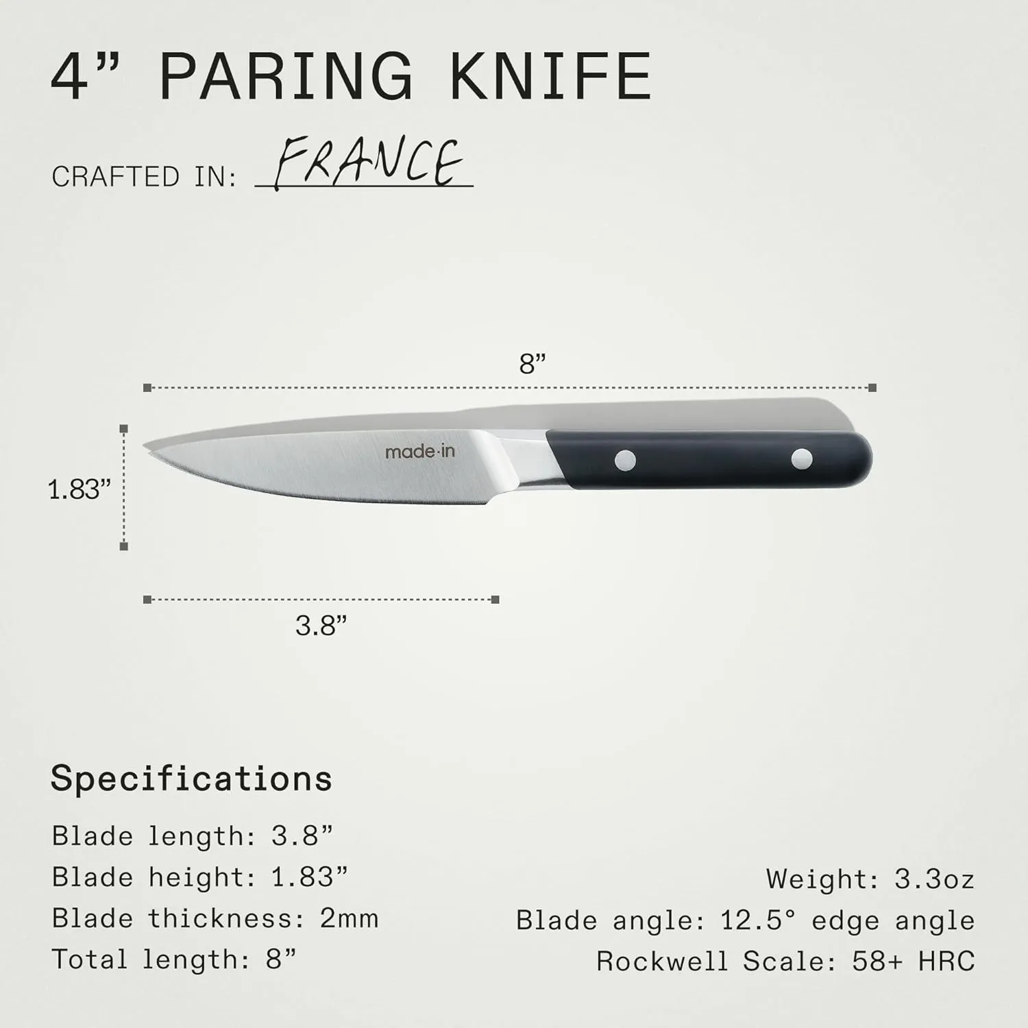 Made In Cookware - 4" Paring Knife France - Full Tang With Truffle Black Handle