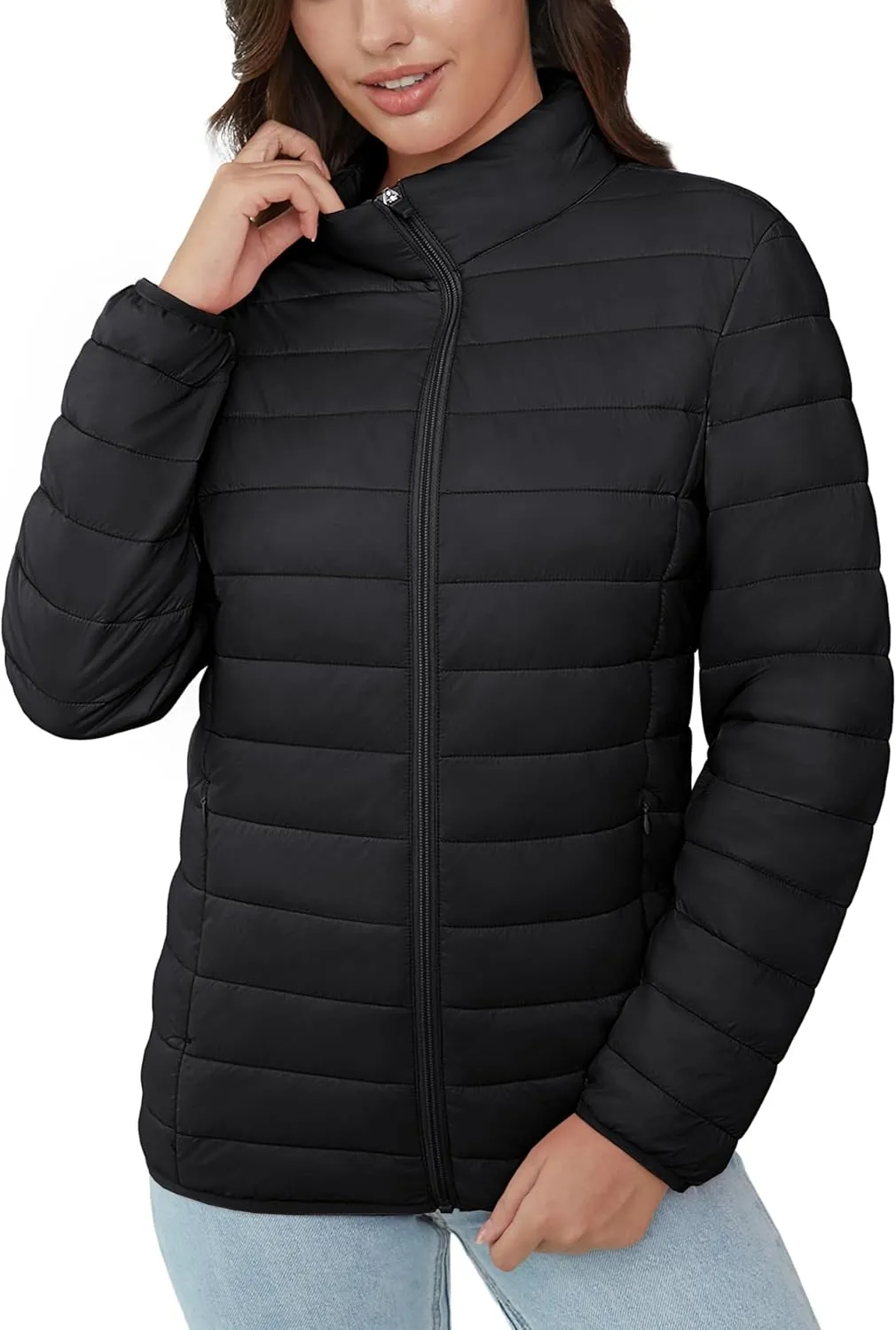 MAGCOMSEN Women's Puffer Jacket Lightweight Quilted Padded 4 Pockets Zip-up Stand-collar Winter Fleece Coat