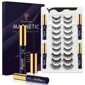Magnetic Eyelashes 7C SevenCrown Magnetic Lashes with Eyeliner Kit,10 Pairs 3D Medium Fake Eyelashes with Upgraded 4 Tubes of Liner,Natural Look,Long Lasting.