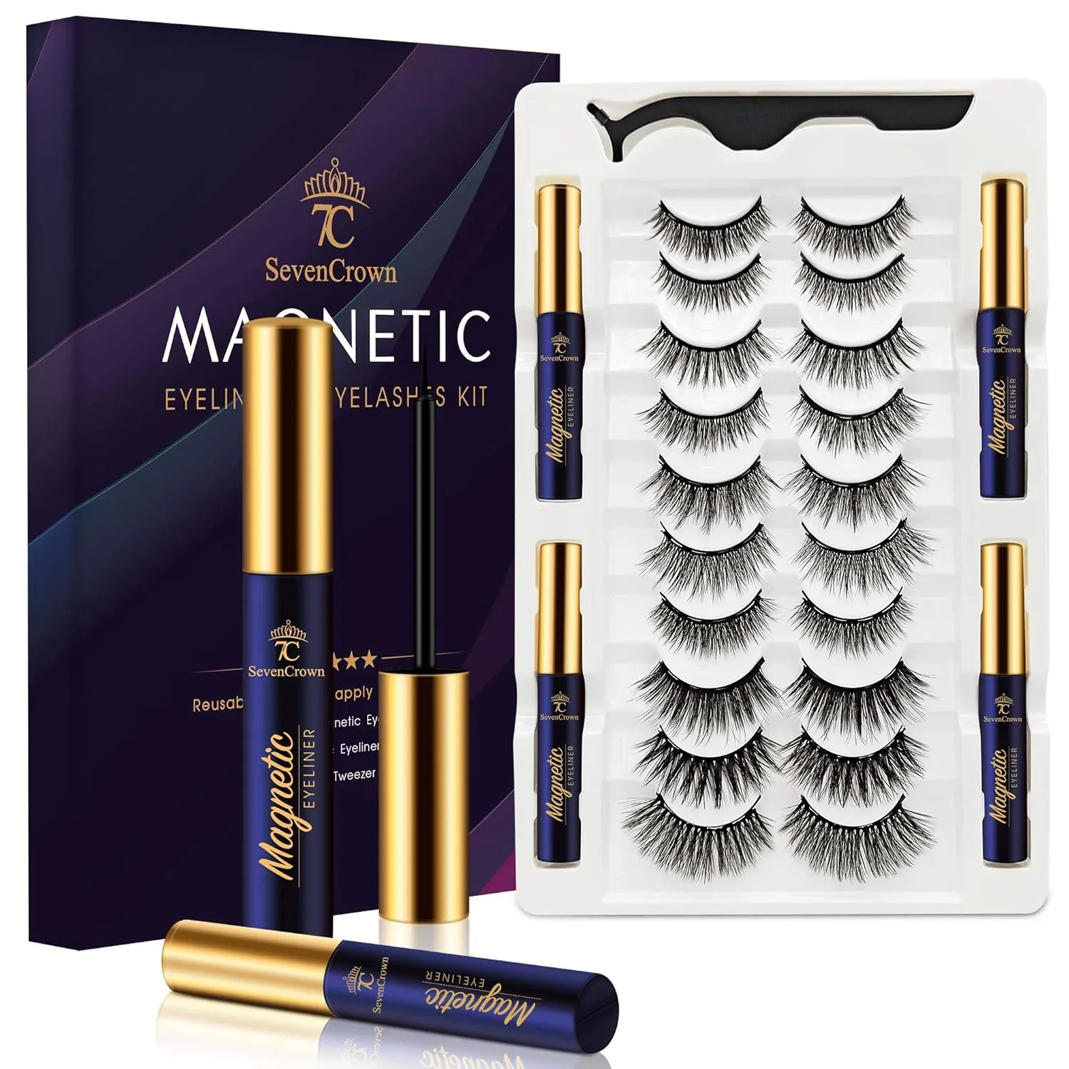 Magnetic Eyelashes 7C SevenCrown Magnetic Lashes with Eyeliner Kit,10 Pairs 3D Medium Fake Eyelashes with Upgraded 4 Tubes of Liner,Natural Look,Long Lasting.