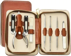 Manicure Set Professional Nail Clipper Kit Stainless Steel Home Manicure Ear Spoon 7 Piece Set Portable Travel Grooming Set with Exquisite Travel Case(Brown)