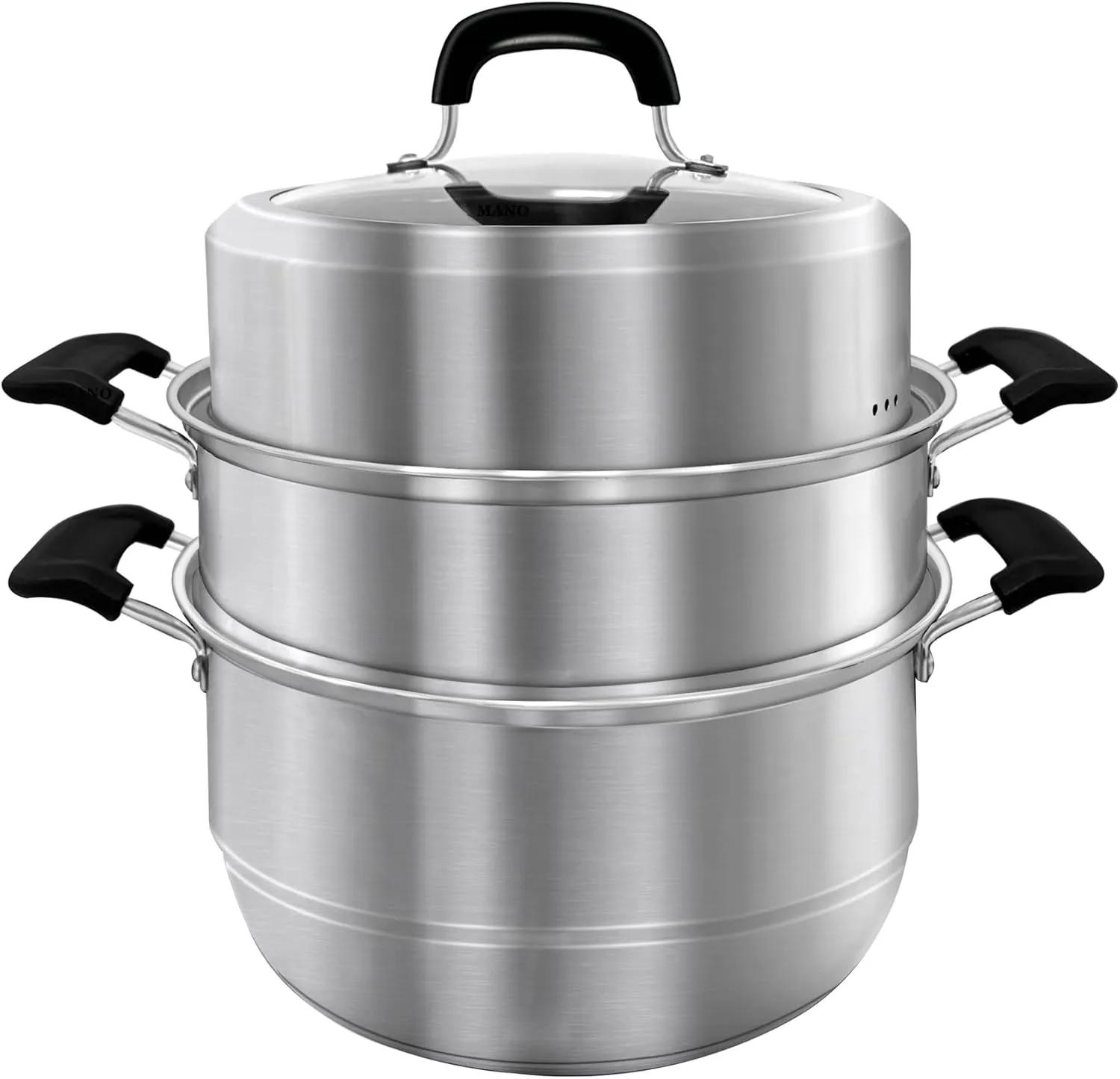 MANO Steamer Pot for Cooking 11 inch Steam Pots with Lid 2-tier Multipurpose Stainless Steel Steaming Pot Cookware with Handle for Vegetable, Dumpling, Stock, Sauce, Food