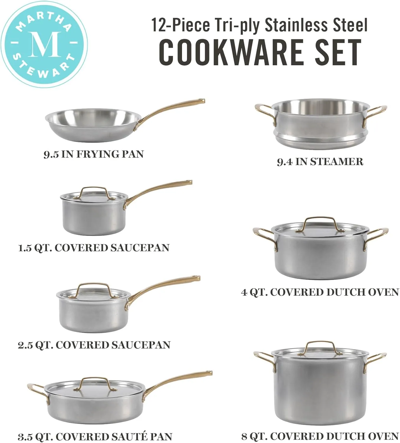 MARTHA STEWART Vintage 18/8 Triply Stainless Steel 12 Piece Cookware Set w/Gold Handles