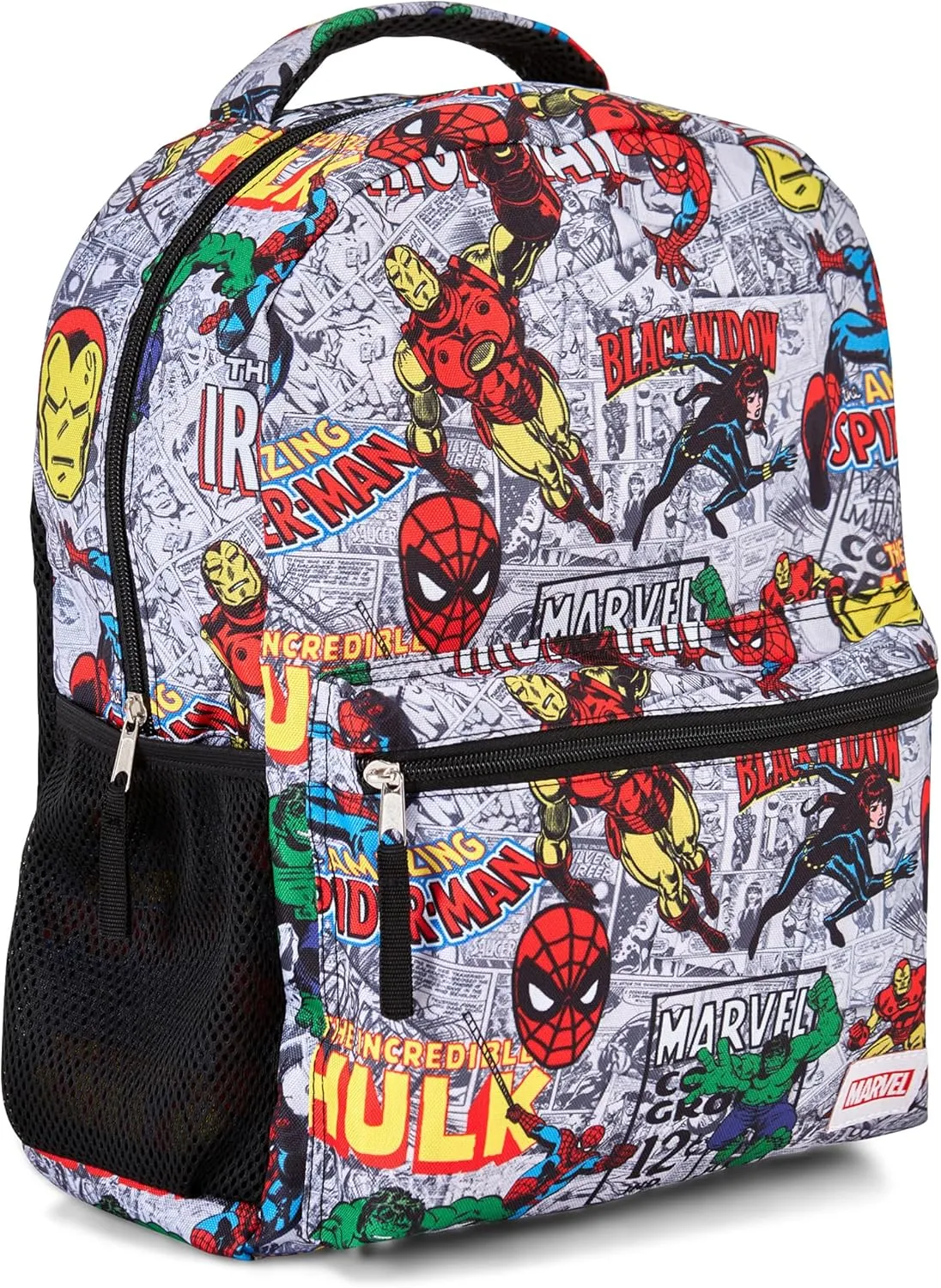 Marvel Comics Allover School Backpack - Avengers, Spiderman, Captain America, Iron Man, Hulk - Officially Licensed Bookbag for Kids Boys Girls and Adults - Laptop and Lunchbox Compatible (White)