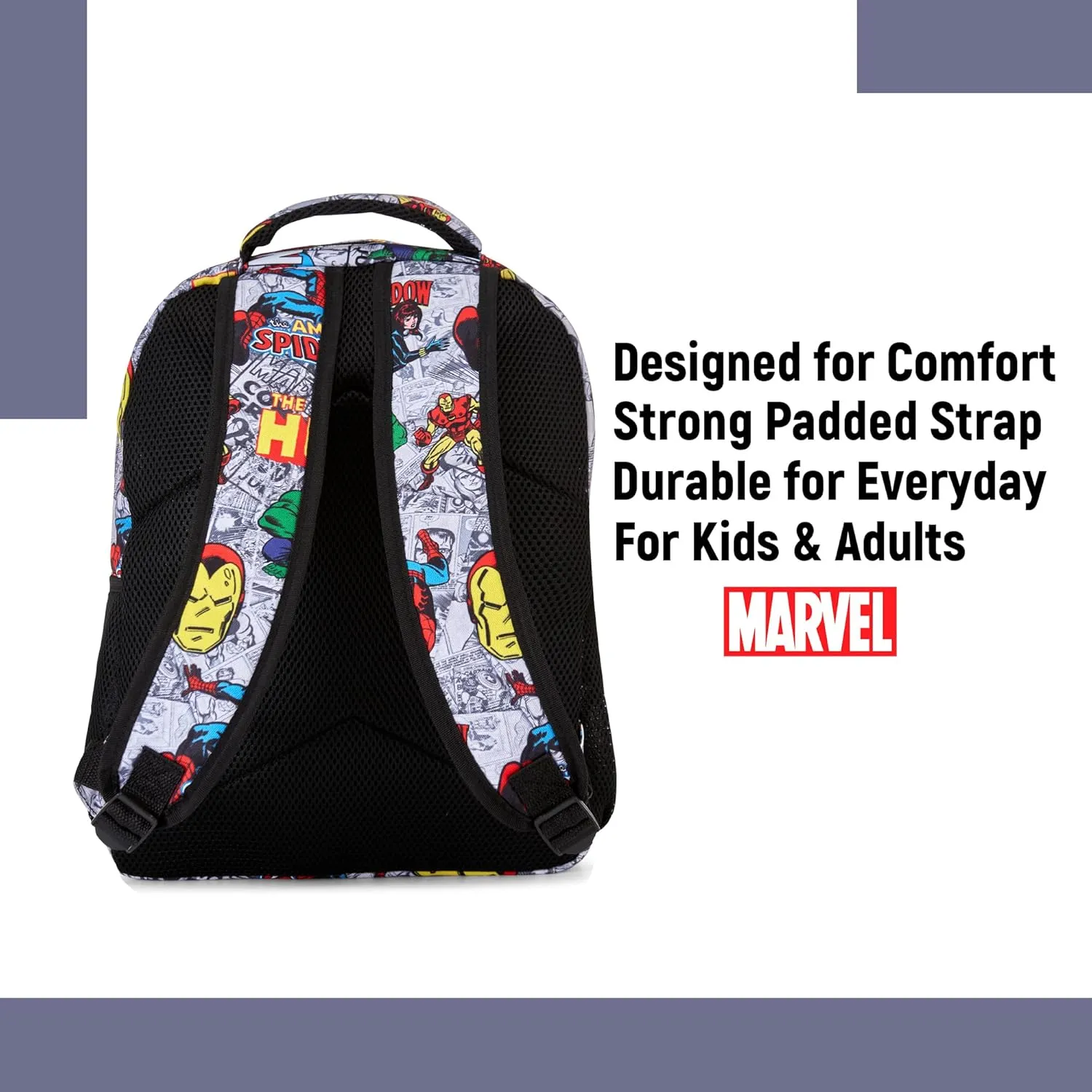 Marvel Comics Allover School Backpack - Avengers, Spiderman, Captain America, Iron Man, Hulk - Officially Licensed Bookbag for Kids Boys Girls and Adults - Laptop and Lunchbox Compatible (White)