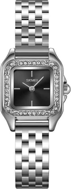 MASTOP Women's Diamond Watch Gold 2-Pointer Watches Luxury Vintage Diamond Square Watches Quartz Wristband Analog Wrist Watch for Women Dress Bracelet Watches Stainless Steel Band (Silver)