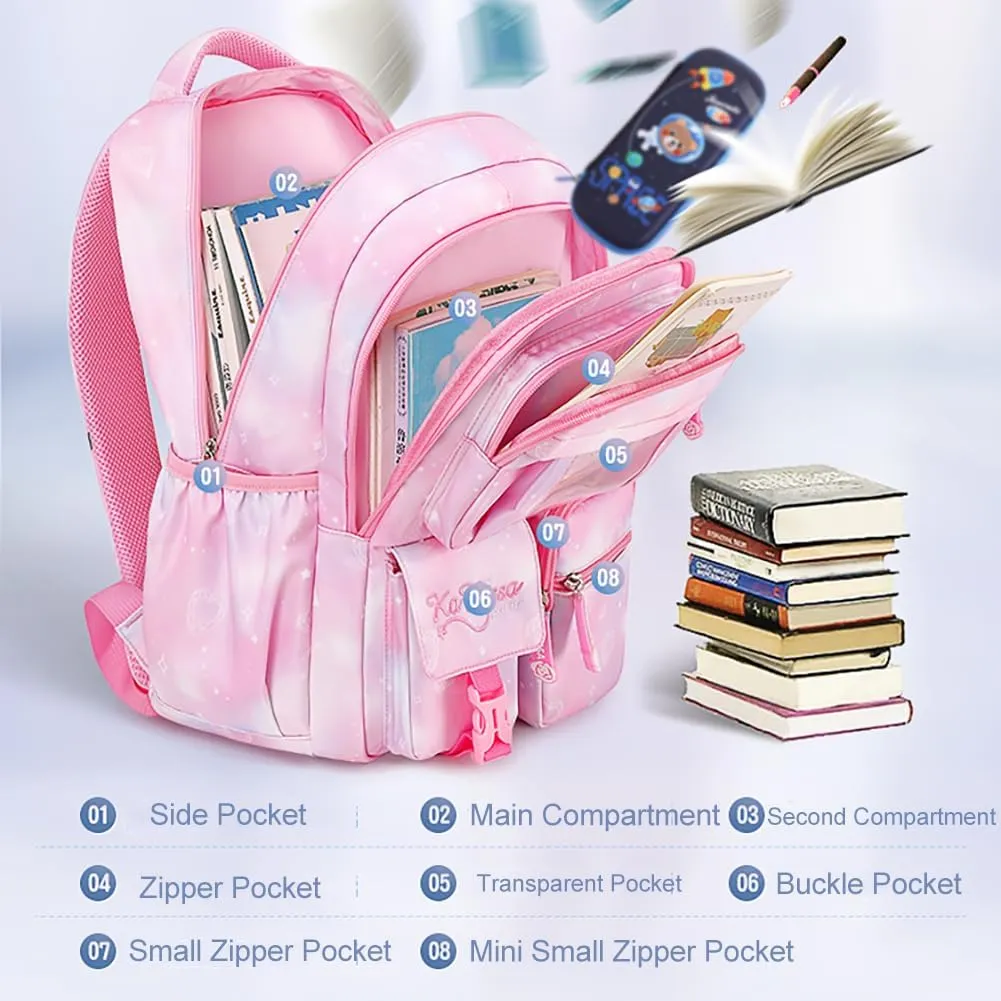 MATMO Multi-Pocket Girls Boys School Backpack Kids Student Bookbag Travel Daypack (Pink)