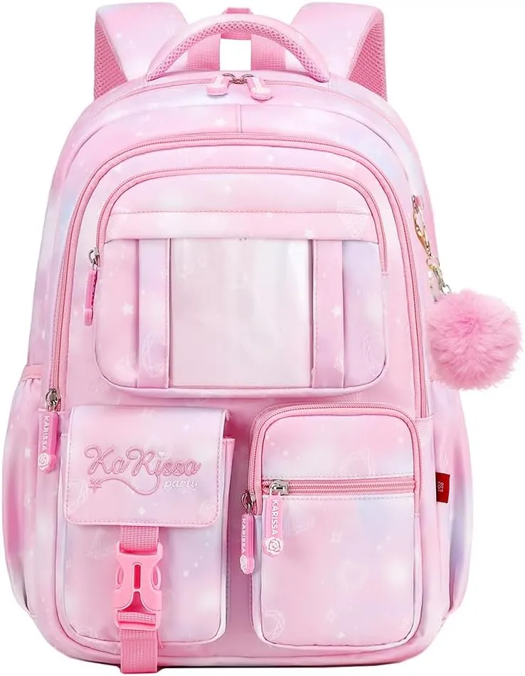 MATMO Multi-Pocket Girls Boys School Backpack Kids Student Bookbag Travel Daypack (Pink)