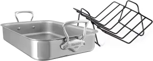 Mauviel M'Cook 5-Ply Polished Stainless Steel Roasting Pan With Rack, And Cast Stainless Steel Handles, 15.7 x 11.8-in, Made In France