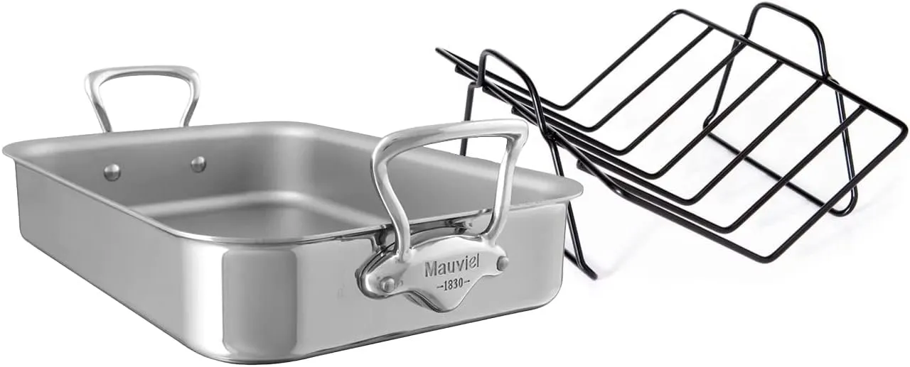 Mauviel M'Cook 5-Ply Polished Stainless Steel Roasting Pan With Rack, And Cast Stainless Steel Handles, 15.7 x 11.8-in, Made In France
