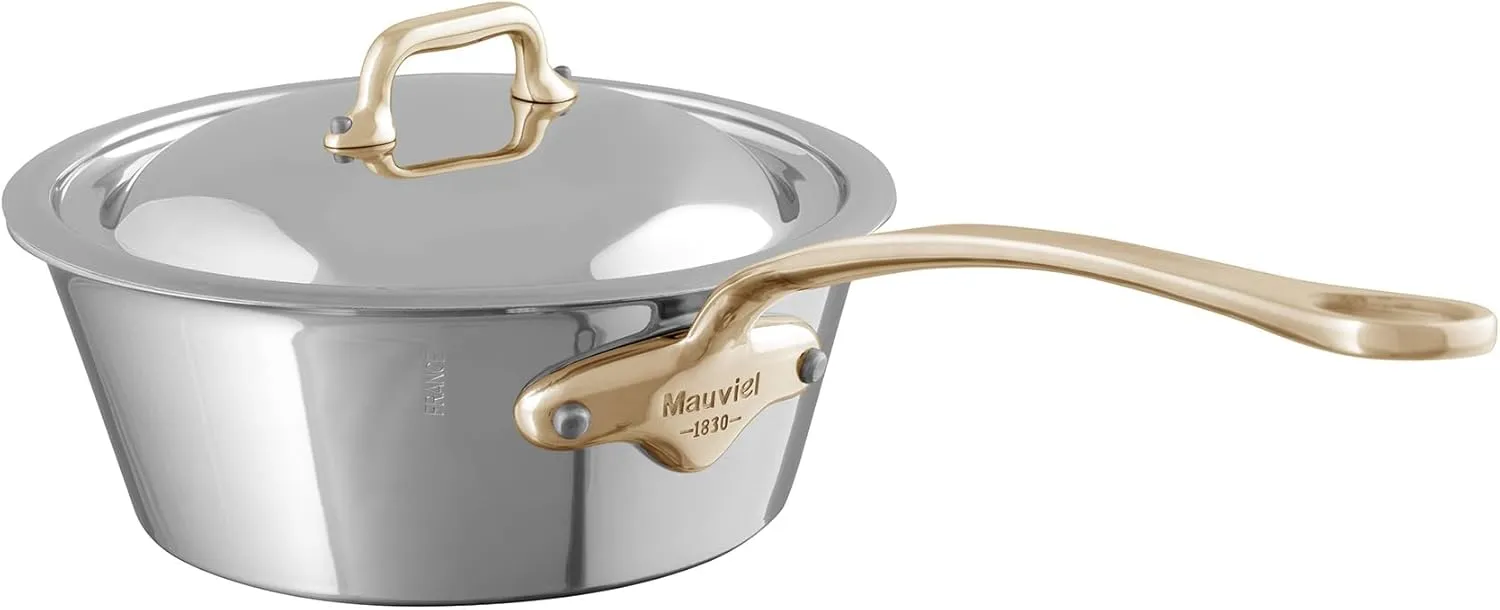 Mauviel M'Cook B 5-Ply Polished Stainless Steel Chef Pan With Lid And Brass Handle, 2-qt, Made In France