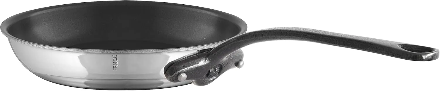 Mauviel M'Cook CI 5-Ply Polished Stainless Steel Nonstick Round Frying Pan With Cast Iron Handle, 11.8-in, Made In France