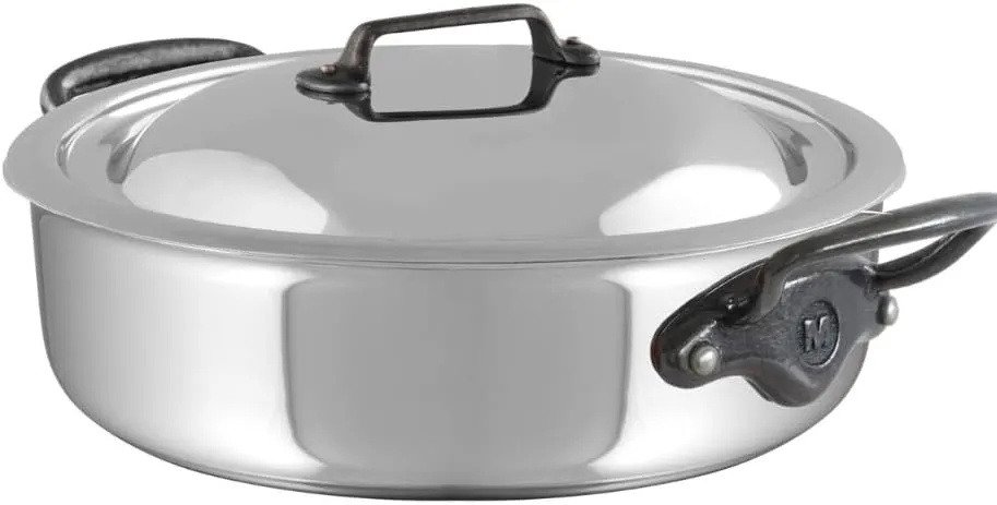 Mauviel M'Cook CI 5-Ply Polished Stainless Steel Rondeau With Lid, And Cast Iron Handles, 6-Qt, Made In France