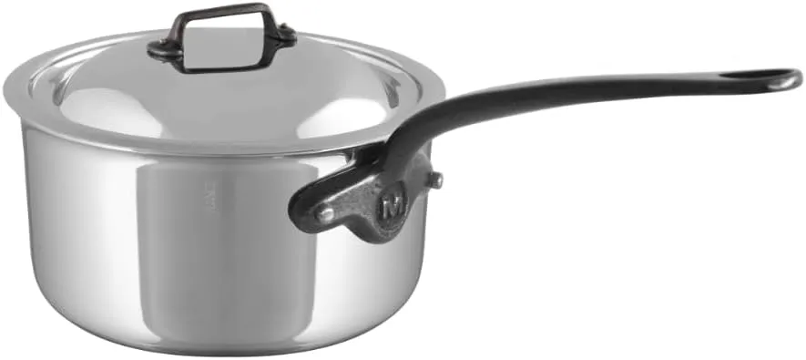 Mauviel M'Cook CI 5-Ply Polished Stainless Steel Sauce Pan With Lid, And Cast Iron Handles, 3.4-qt, Made In France