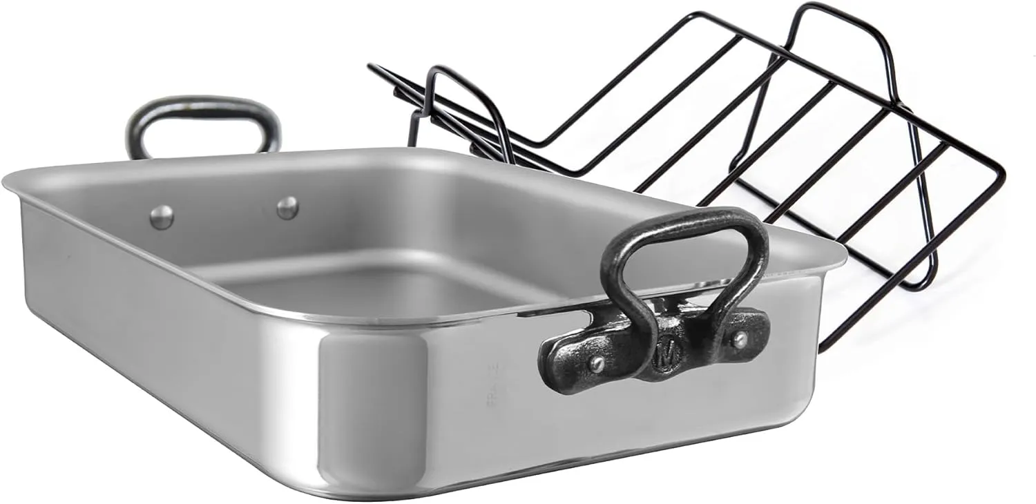 Mauviel M'Cook CI 5-Ply Stainless Steel Roasting Pan With Rack and Cast Iron Handles, 15.7 x 11.8-in, Made In France