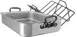Mauviel M'Cook CI 5-Ply Stainless Steel Roasting Pan With Rack and Cast Iron Handles, 15.7 x 11.8-in, Made In France