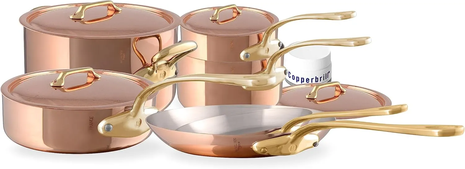 Mauviel M'Heritage 200 B 2mm Polished Copper & Stainless Steel 11-Piece Cookware Set With Brass Handles, Made In France