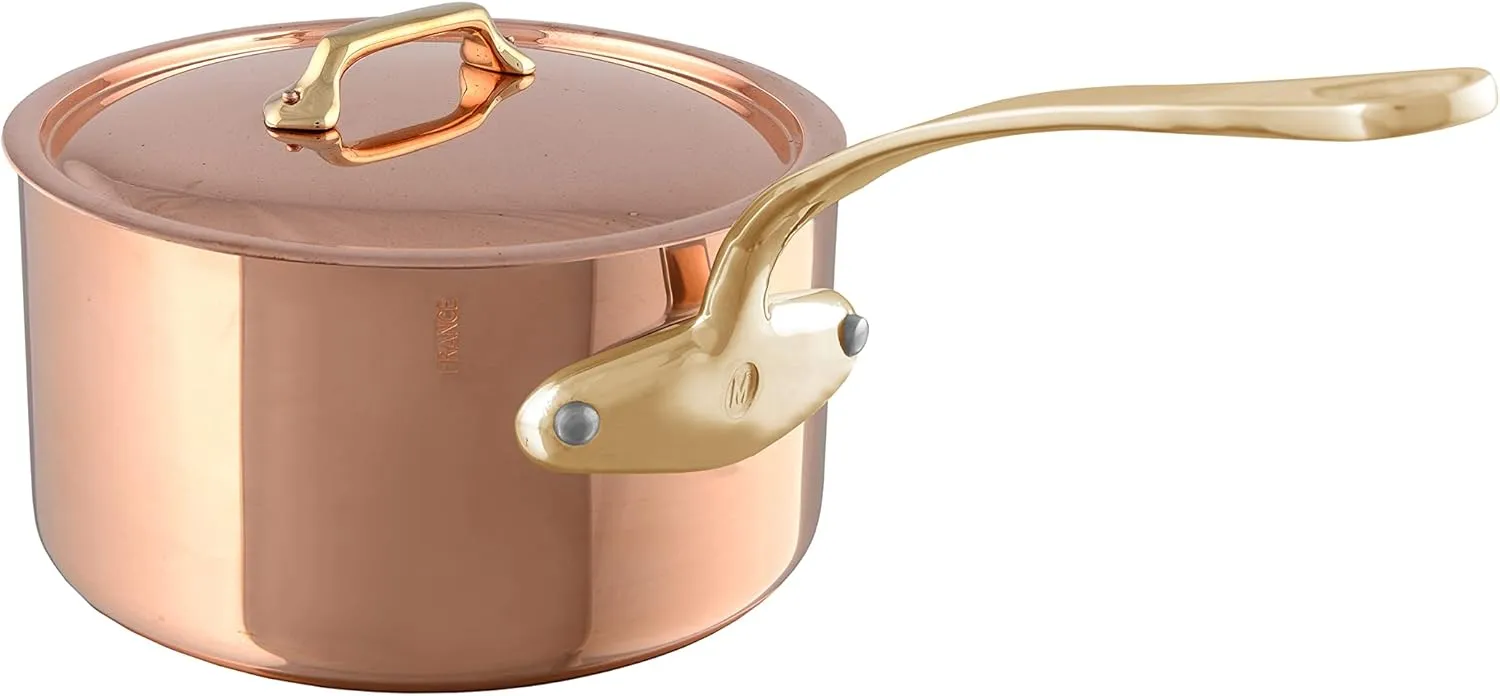 Mauviel M'Heritage 200 B 2mm Polished Copper & Stainless Steel Sauce Pan With Lid, And Brass Handles, 1.2-qt, Made in France