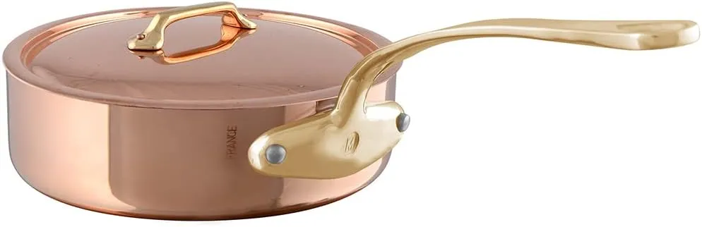 Mauviel M'Heritage 200 B 2mm Polished Copper & Stainless Steel Saute Pan With Lid, And Brass Handles, 5.1-qt, Made in France