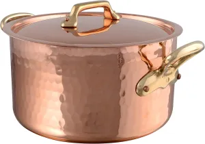 Mauviel M'Tradition Hammered Copper & Tin Inside Stewpan With Lid, Brass Handles, 14.3-Qt, Made in France