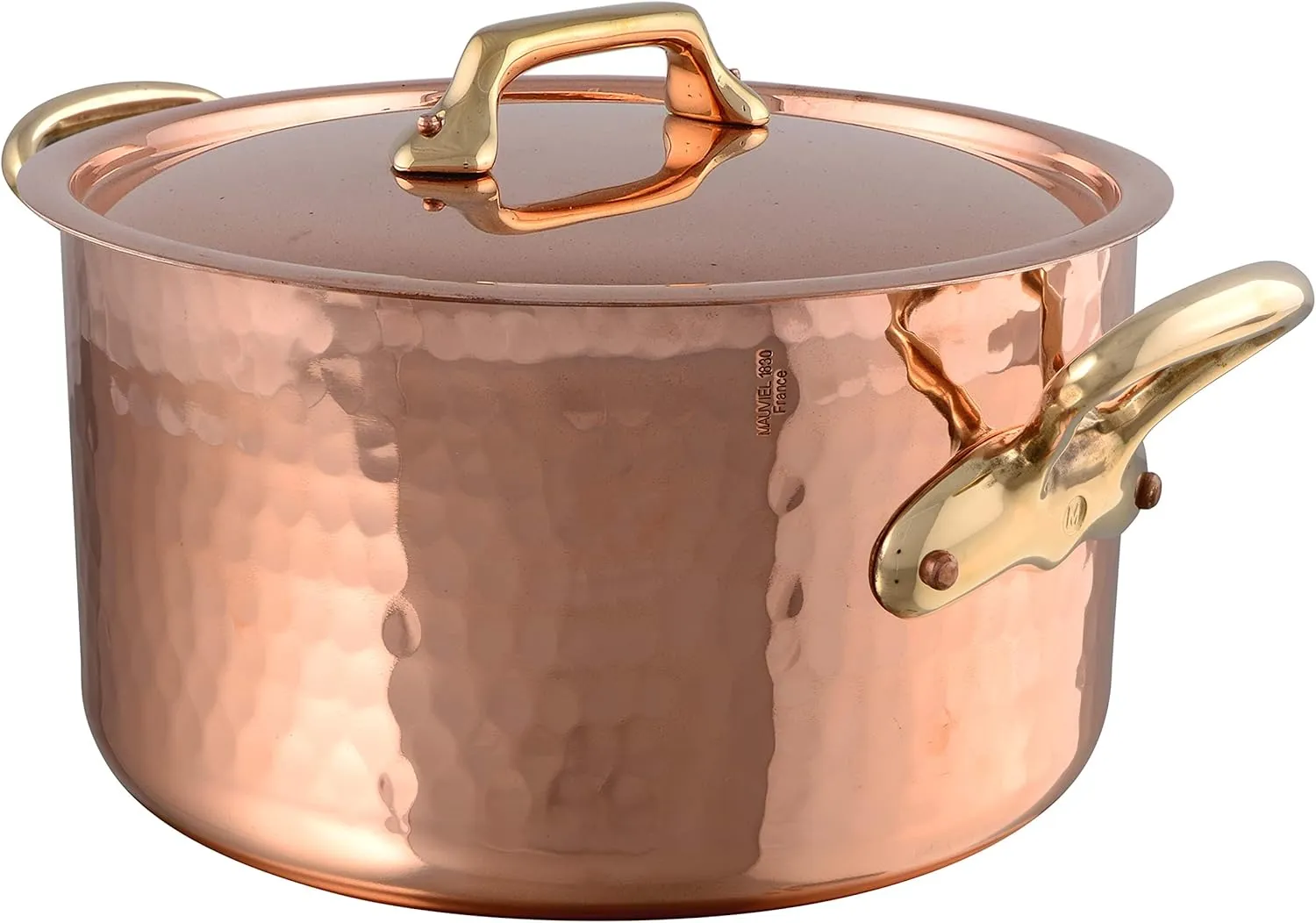 Mauviel M'Tradition Hammered Copper & Tin Inside Stewpan With Lid, Brass Handles, 14.3-Qt, Made in France