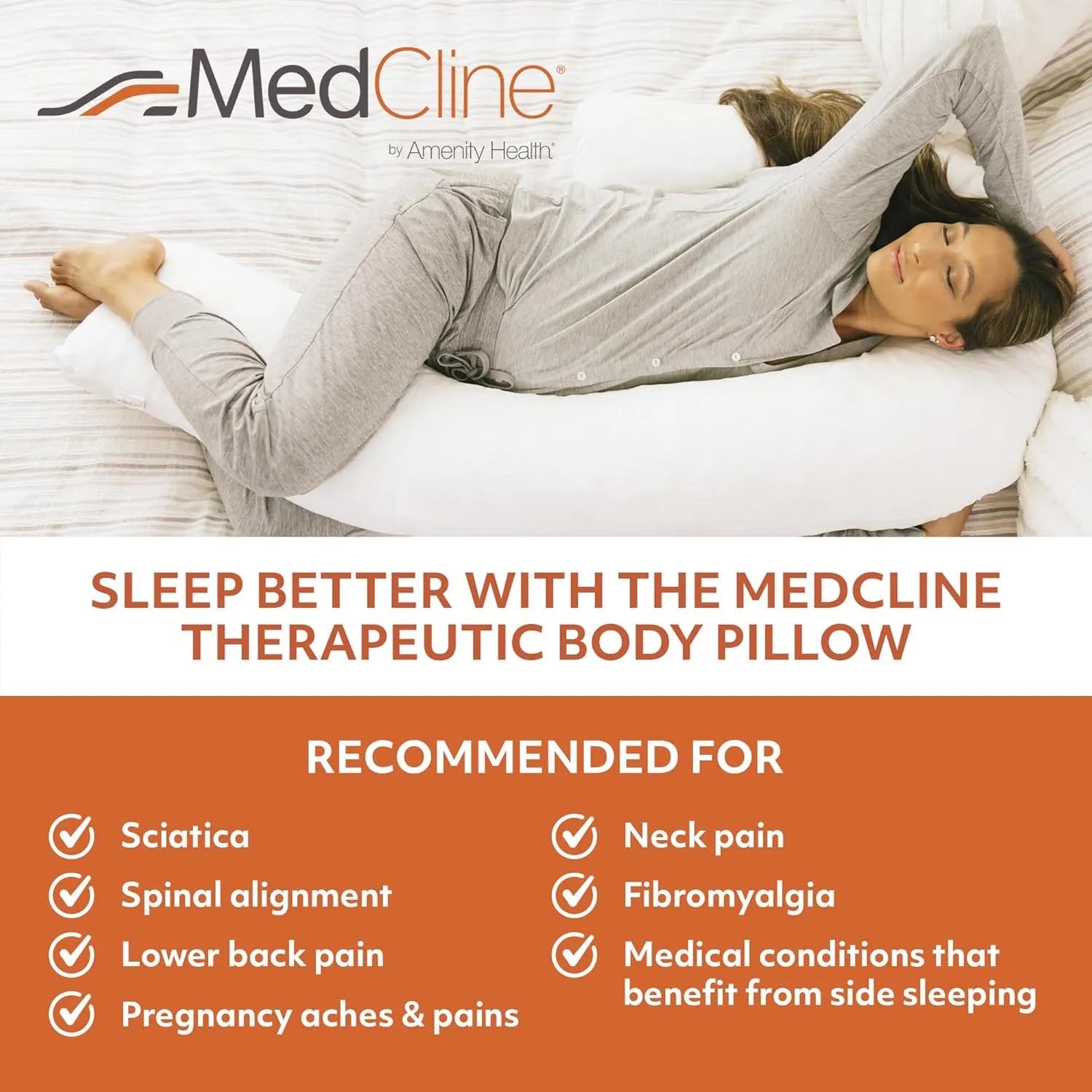 MedCline Therapeutic Full Length Body Pillow, Adjustable Shredded Memory Foam Pillow for Side Sleepers, J-Shaped Body Pillow for Neck, Back, and Hip Support, Removable Washable Cover, 22"x50"x6"