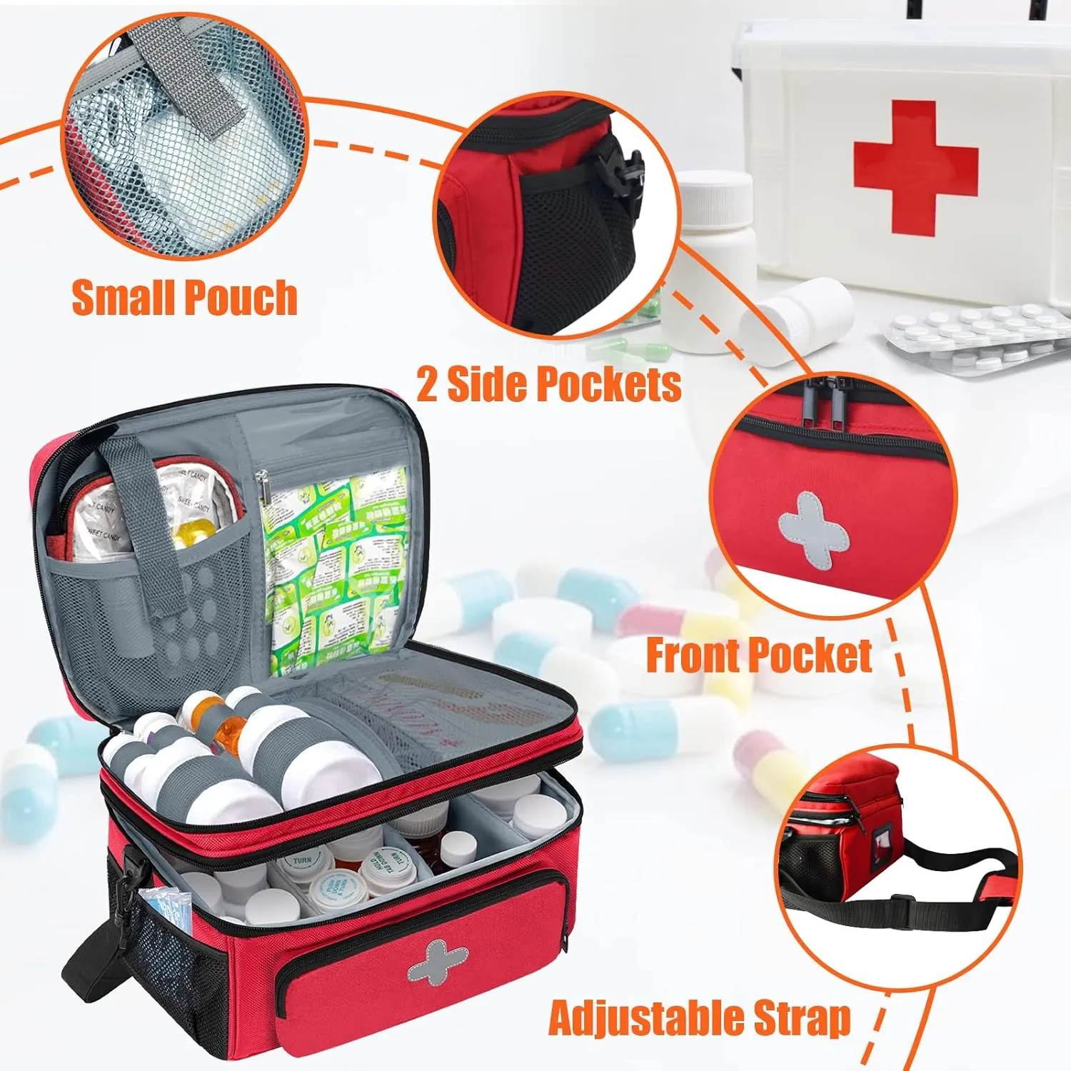 Medicine Storage Bag, Pill Bottle Organizer for Emergency, Medicine Box Empty with Small Portable Pouch, First Aid Box for Travel and Home Storage