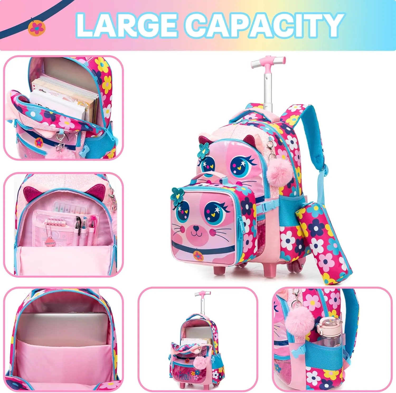 Meetbelify Rolling Backpack for Girls Backpacks with Wheels for Elementary Preschool Students Kids 3 in 1 Travel Luggage Carry on Suitcase with Lunch Box Pencil Case for Girls Age 8-10