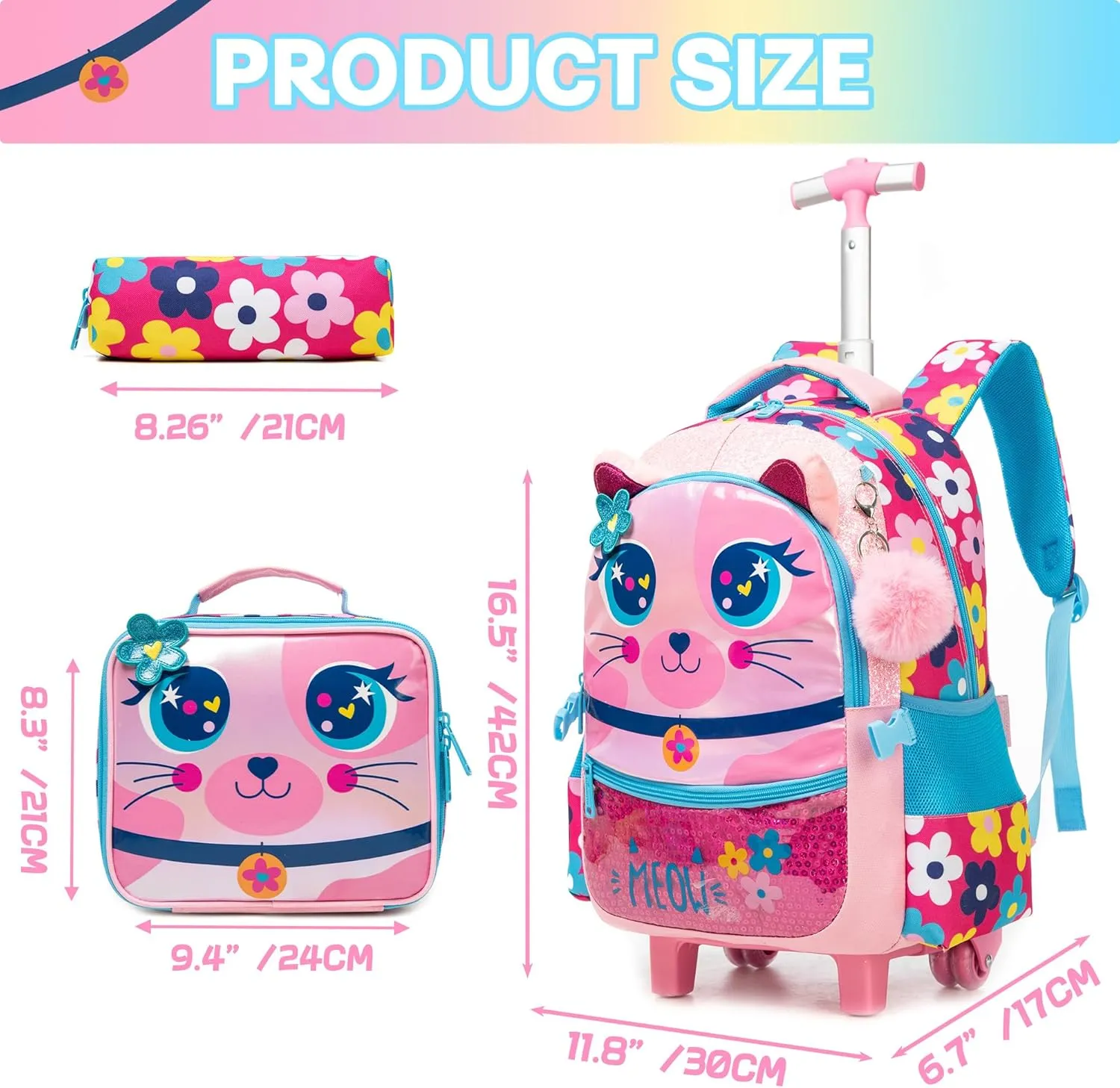 Meetbelify Rolling Backpack for Girls Backpacks with Wheels for Elementary Preschool Students Kids 3 in 1 Travel Luggage Carry on Suitcase with Lunch Box Pencil Case for Girls Age 8-10