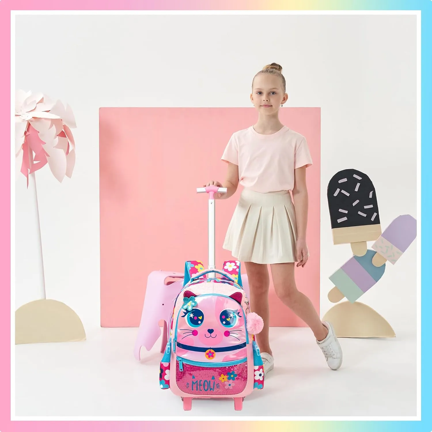 Meetbelify Rolling Backpack for Girls Backpacks with Wheels for Elementary Preschool Students Kids 3 in 1 Travel Luggage Carry on Suitcase with Lunch Box Pencil Case for Girls Age 8-10