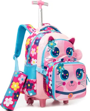 Meetbelify Rolling Backpack for Girls Backpacks with Wheels for Elementary Preschool Students Kids 3 in 1 Travel Luggage Carry on Suitcase with Lunch Box Pencil Case for Girls Age 8-10