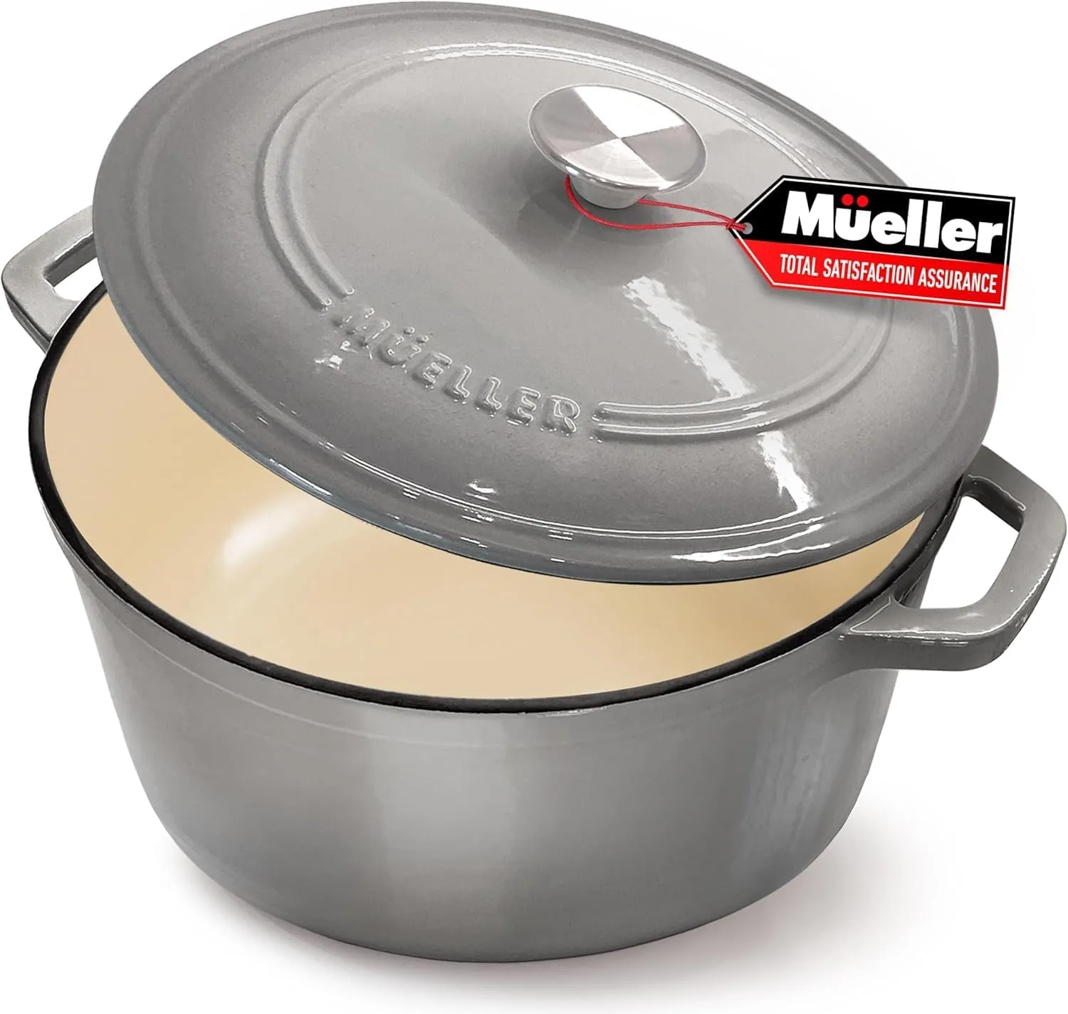 MÜELLERHOME 4.5 QT Enameled Cast Iron Dutch Oven, Heavy-Duty Casserole Dish and Braiser Pan with Lid and Stainless Knob, Safe for All Cooktops, Grey
