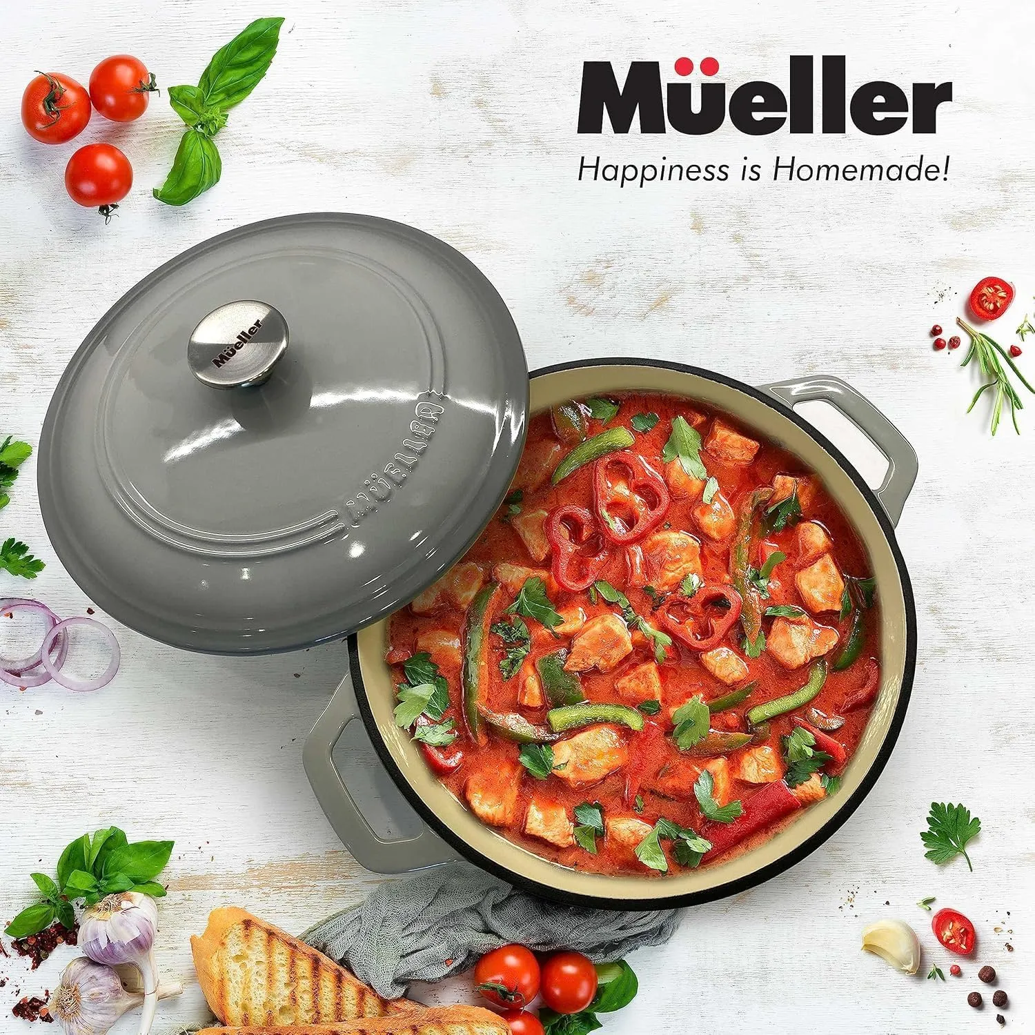 MÜELLERHOME 4.5 QT Enameled Cast Iron Dutch Oven, Heavy-Duty Casserole Dish and Braiser Pan with Lid and Stainless Knob, Safe for All Cooktops, Grey