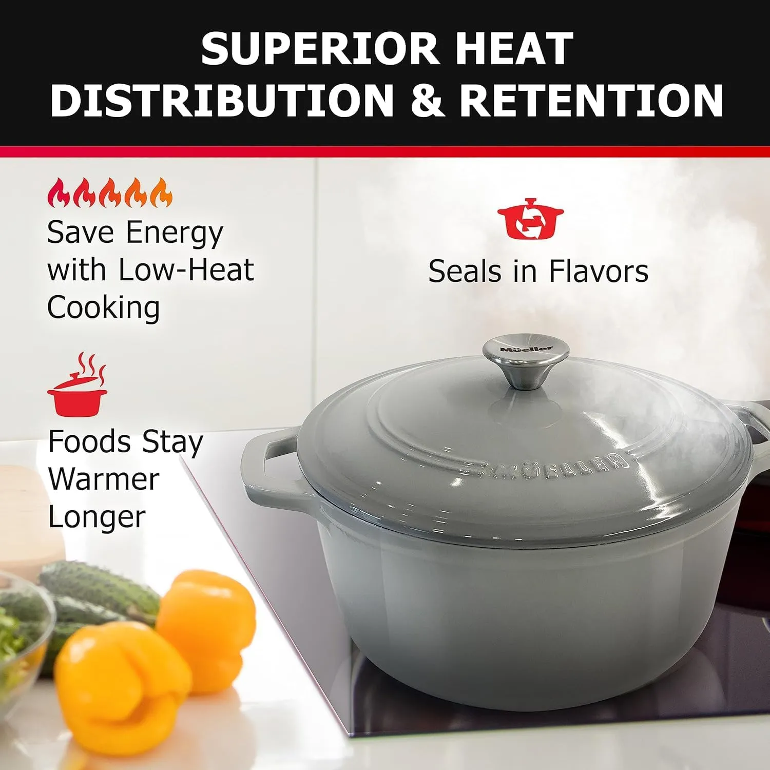 MÜELLERHOME 4.5 QT Enameled Cast Iron Dutch Oven, Heavy-Duty Casserole Dish and Braiser Pan with Lid and Stainless Knob, Safe for All Cooktops, Grey
