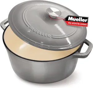 MÜELLERHOME 4.5 QT Enameled Cast Iron Dutch Oven, Heavy-Duty Casserole Dish and Braiser Pan with Lid and Stainless Knob, Safe for All Cooktops, Grey